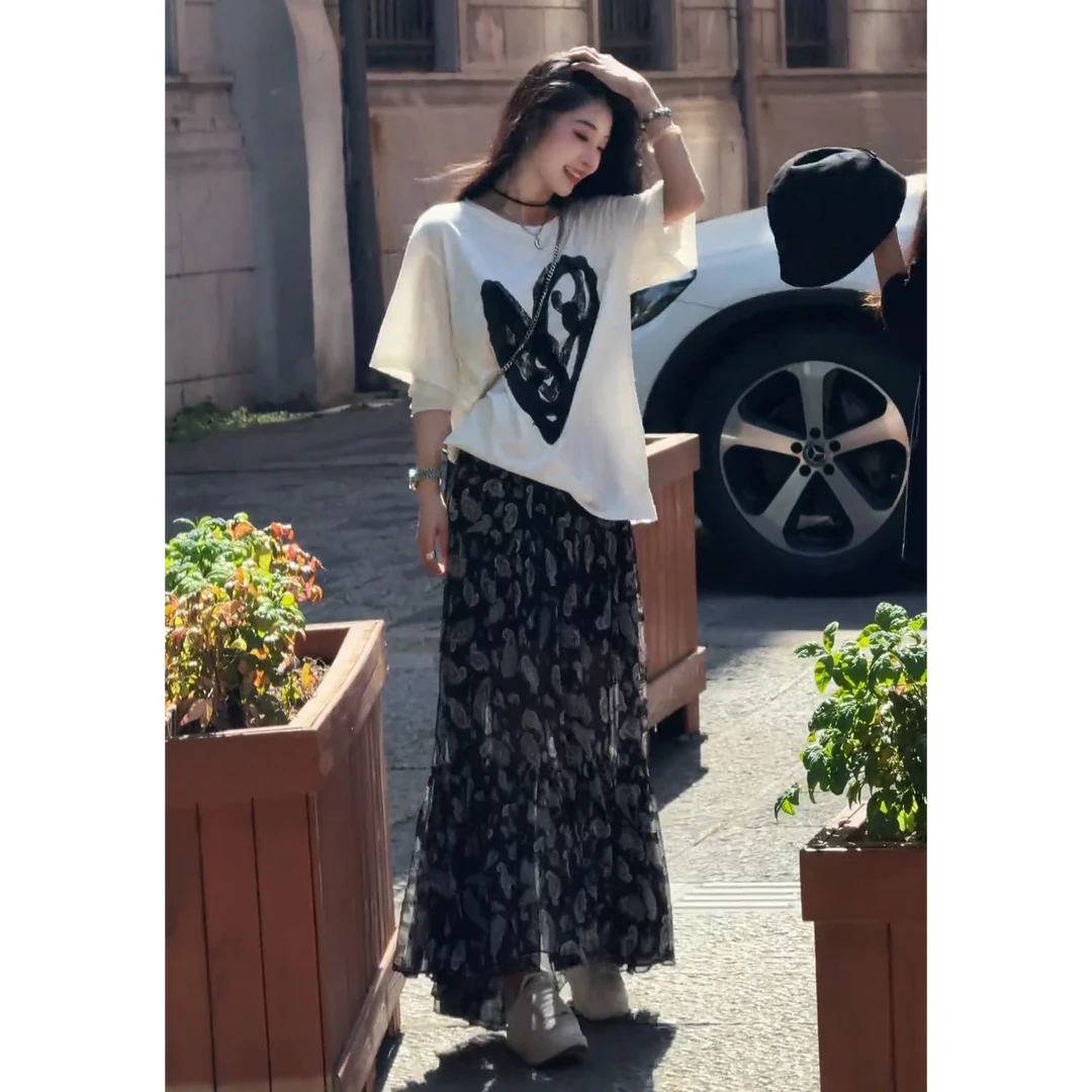 大码女装夏季新款穿搭慵懒风休闲宽松色短袖T恤显瘦碎花半身裙