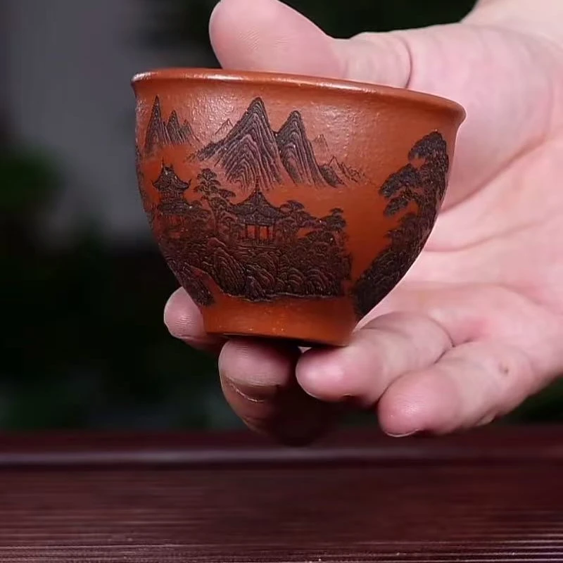 宜兴原矿紫砂手工主人杯老降坡精雕细刻山水紫砂杯茶杯纯手工