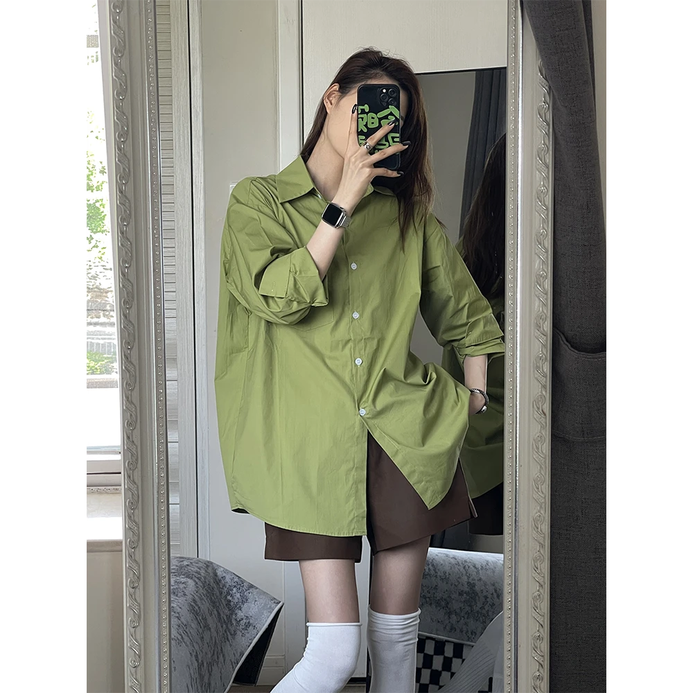 JINYURS 清新亮眼活力文艺森系青草绿衬衣宽松长袖衬衫上衣