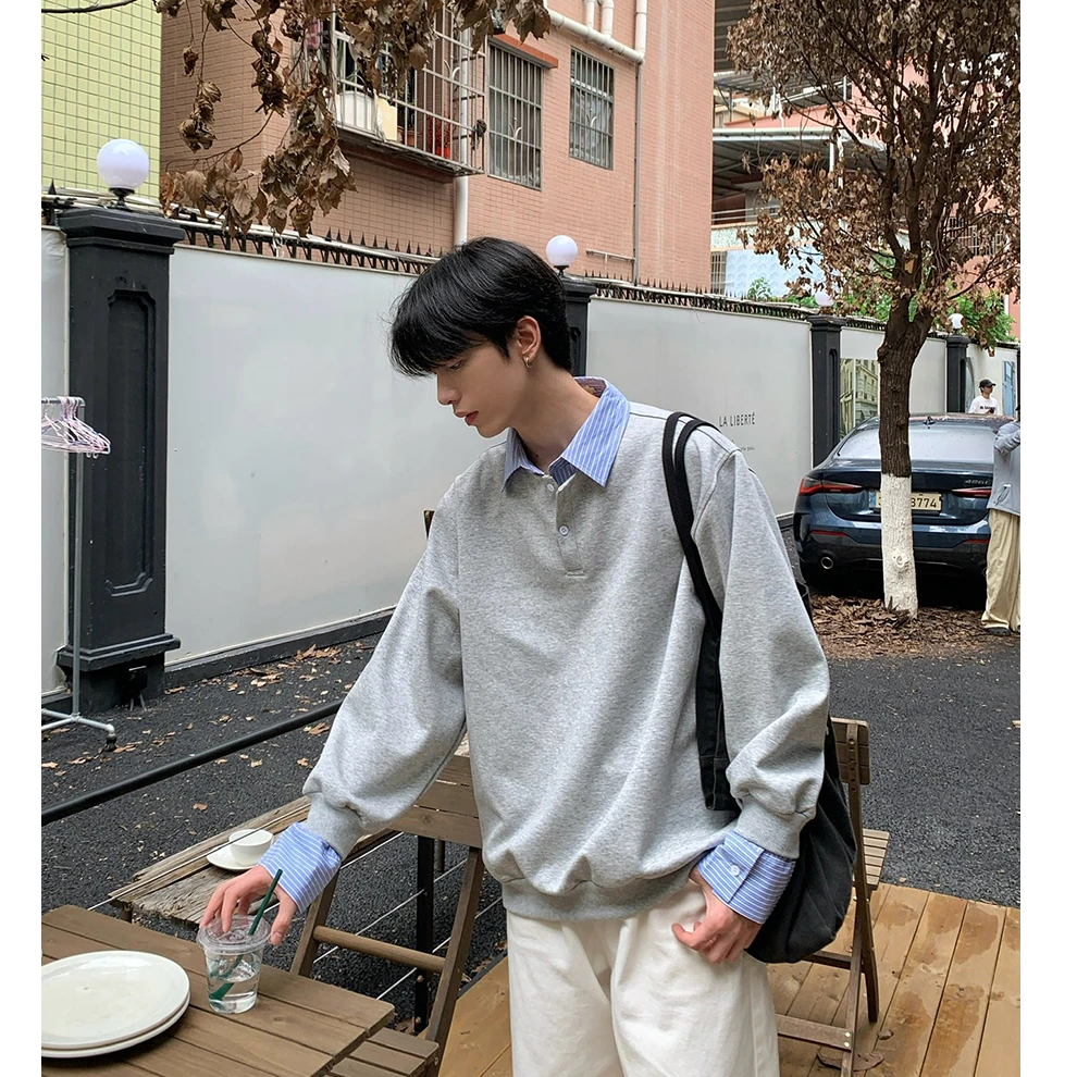 假两件撞色polo卫衣男春季宽松设计感衬衫领外套百搭情侣长袖上衣