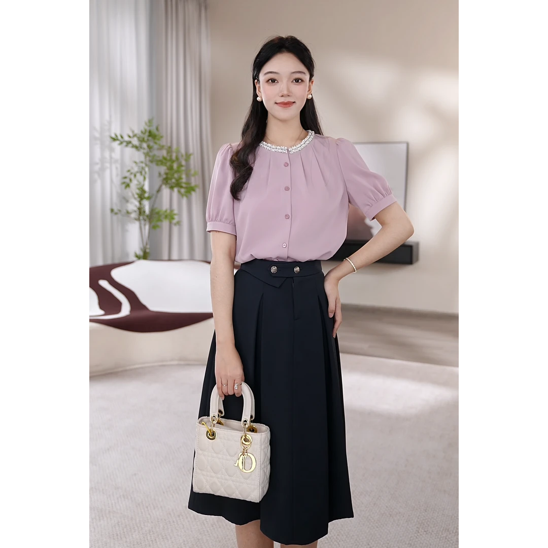 【曼贝】时尚设计感通勤中袖衬衫女小众法式气质上衣8592120【琳琳】