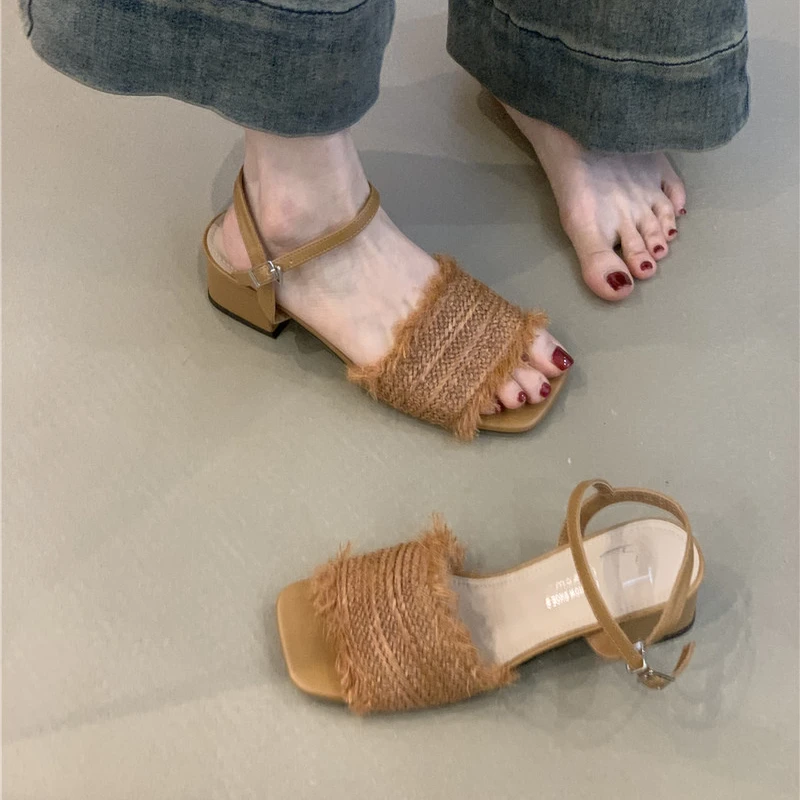 TTY-CA2010-20粗跟凉鞋女外穿2025年夏季编织露趾仙女风罗马凉鞋