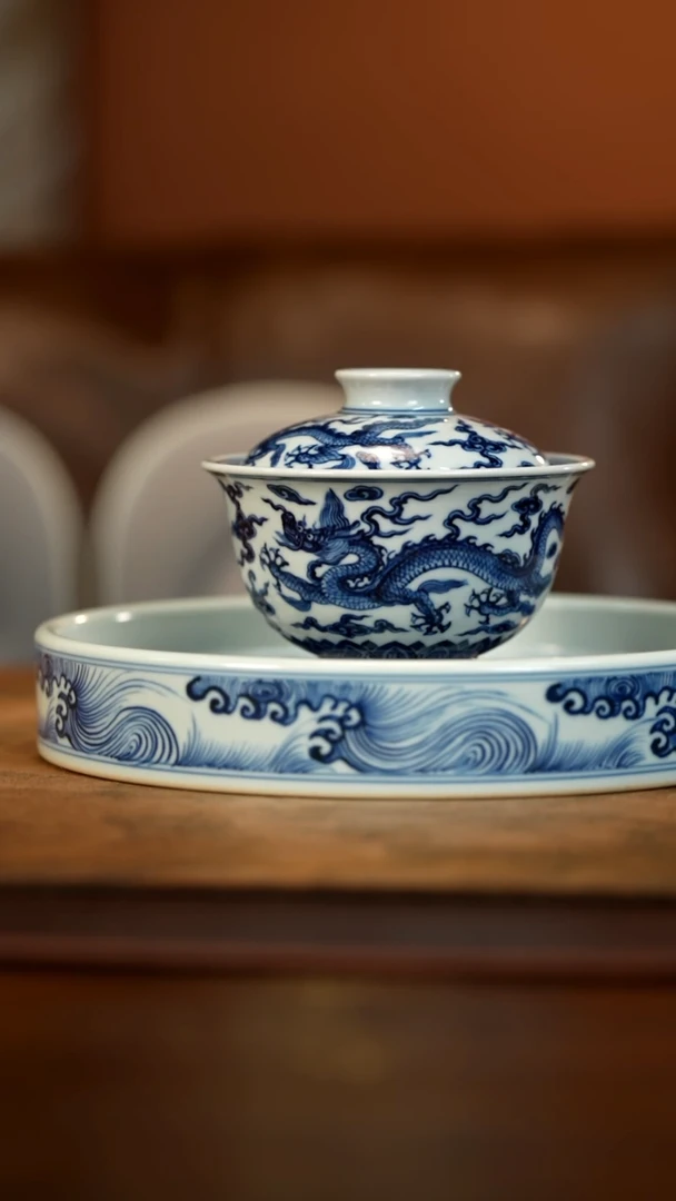 【闪购商品】微瑕青花五龙盖碗+茶盘