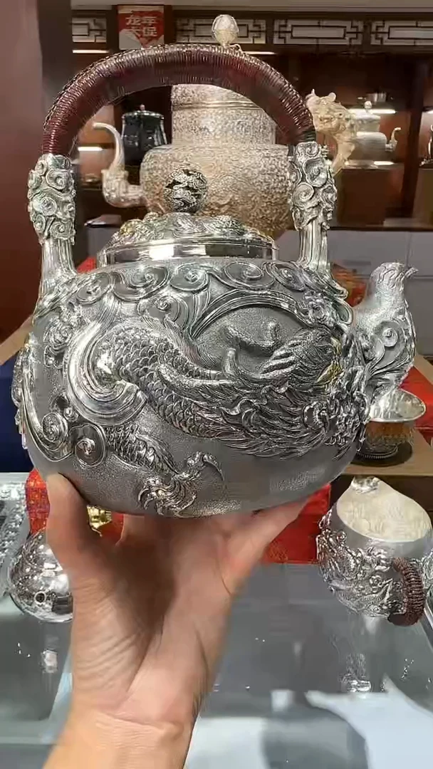 核****金足银手工精工老师高浮雕錾刻游龙戏珠提梁烧水壶1.5L