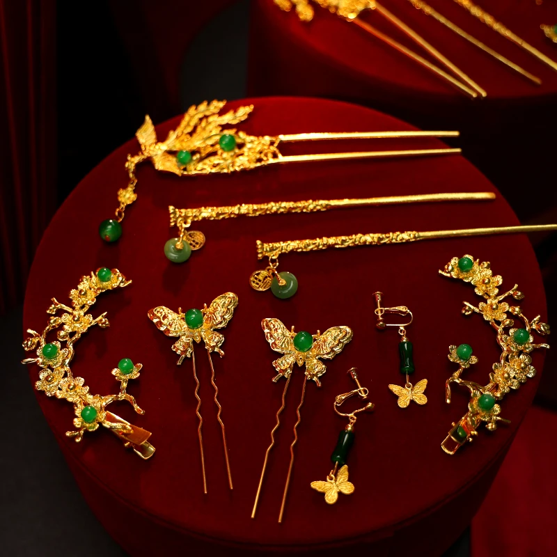 铜合金合成锆石婚庆饰品 新中式婚礼国风步摇头饰手工饰品龙凤褂