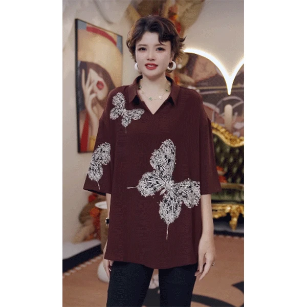 高端阔太太衬衫中年妈妈春夏遮肉宽松T恤小衫