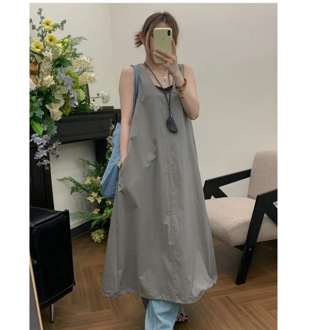 韩版简约休闲宽松无袖背心长裙高级气质款#66005