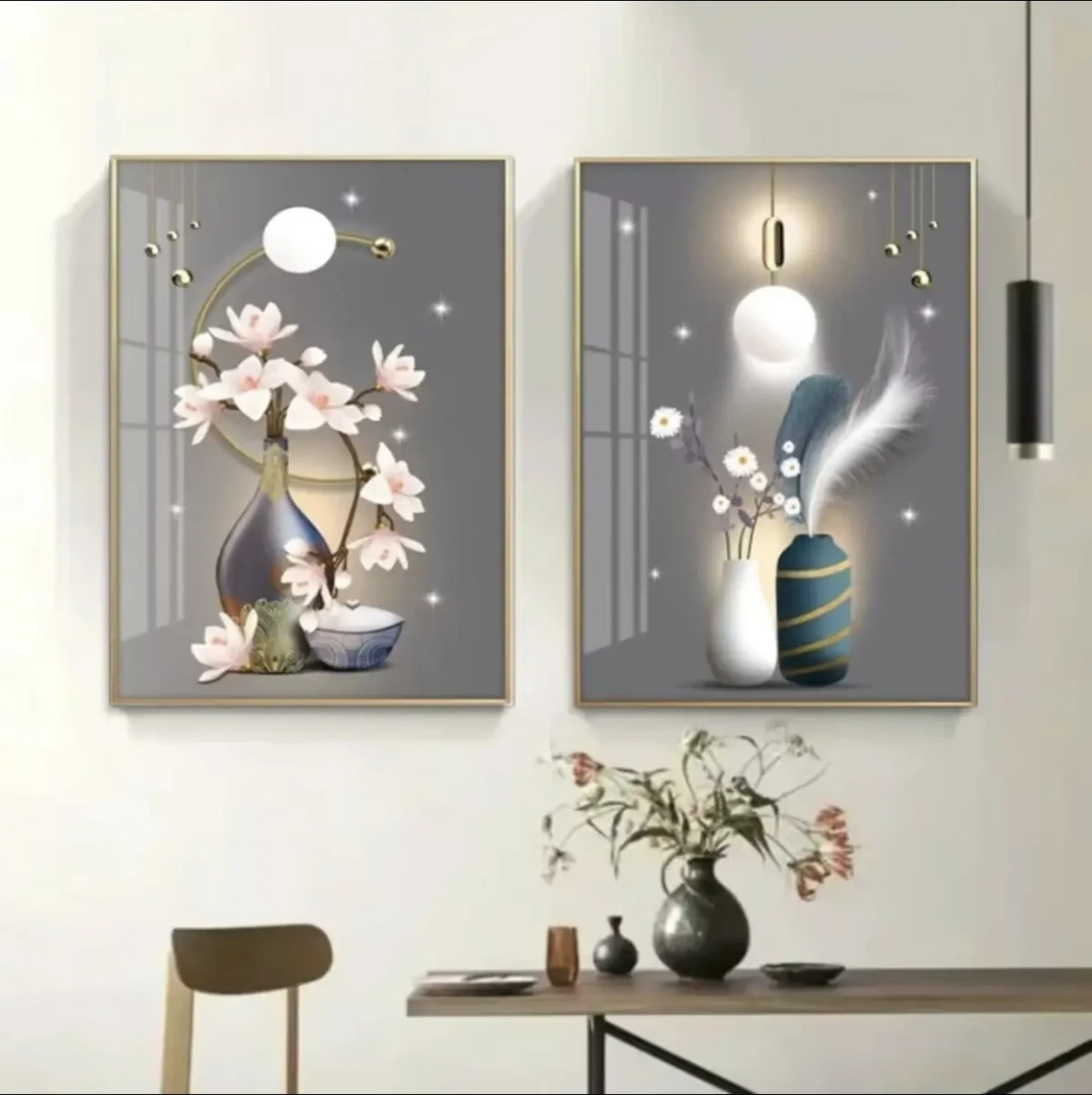 美临佳【花瓶羽毛】餐厅画晶瓷镶钻装饰画轻奢现代装修简约铝合金