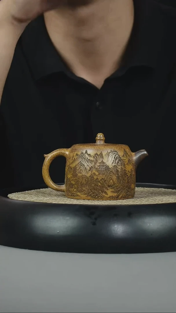 茶壶紫砂龙骨金砂 井栏  刻绘山水