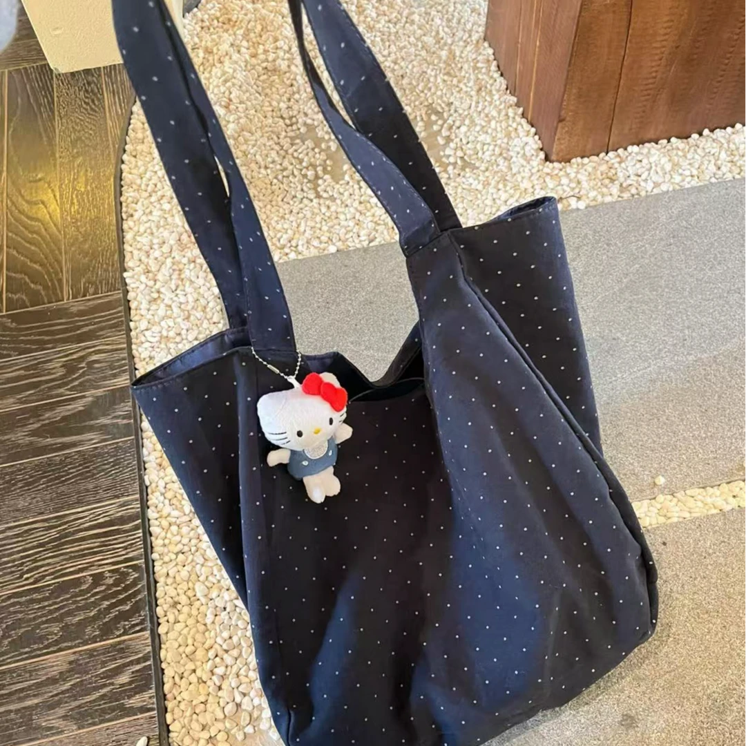 韩系波点大容量帆布包2025新款慵懒风休闲百搭布袋通勤单肩托特包