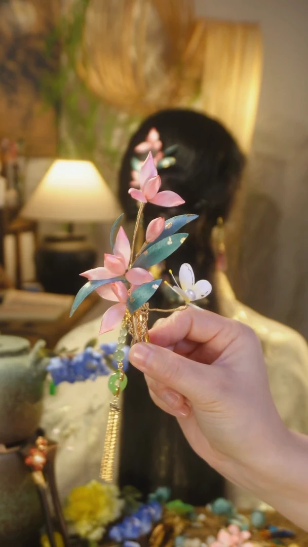 木非遗绒花小兰花边夹粉色
