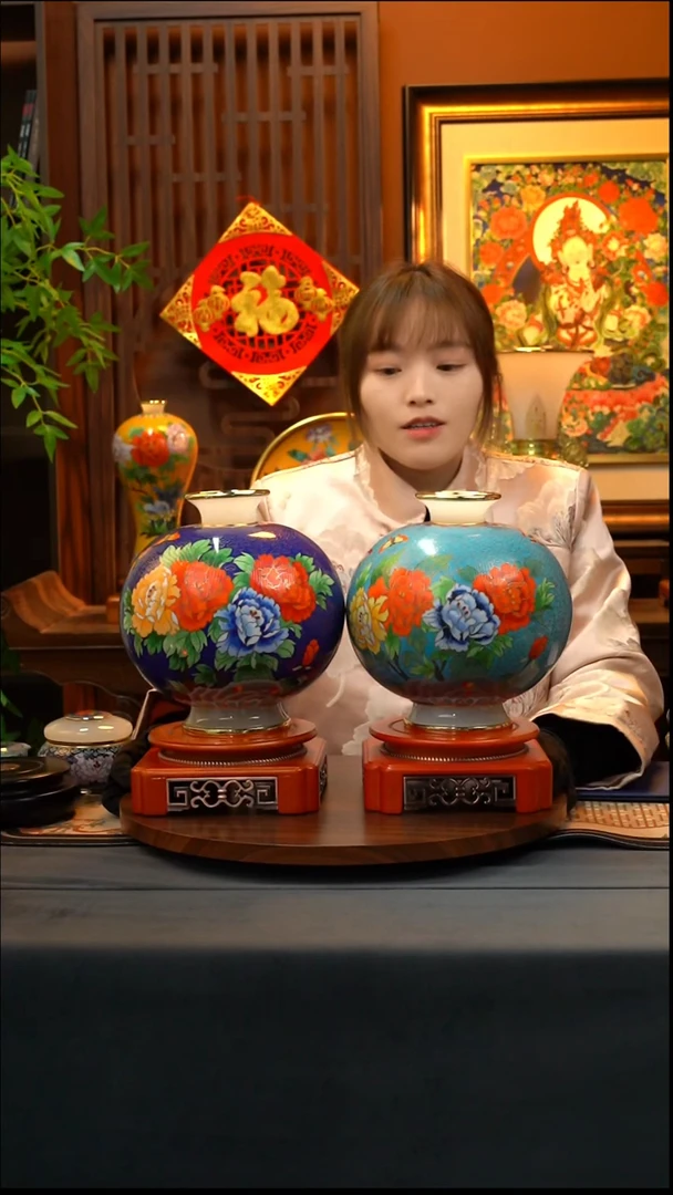 有机玻璃水****压景泰蓝吉祥圆满 一对特价