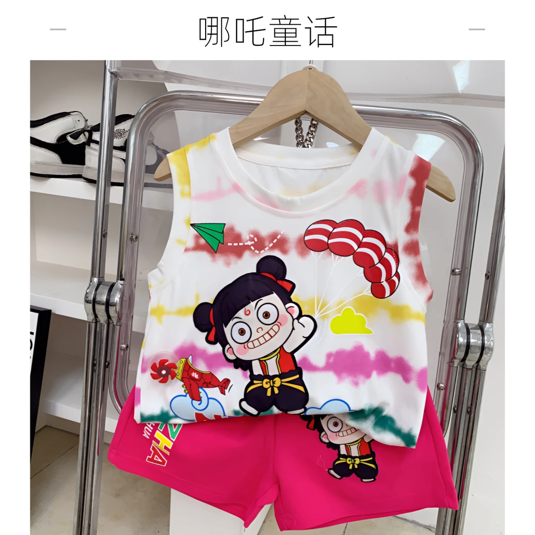 儿童亮灯哪吒背心套装男童夏款卡通无袖坎肩背心短裤两件套薄潮童