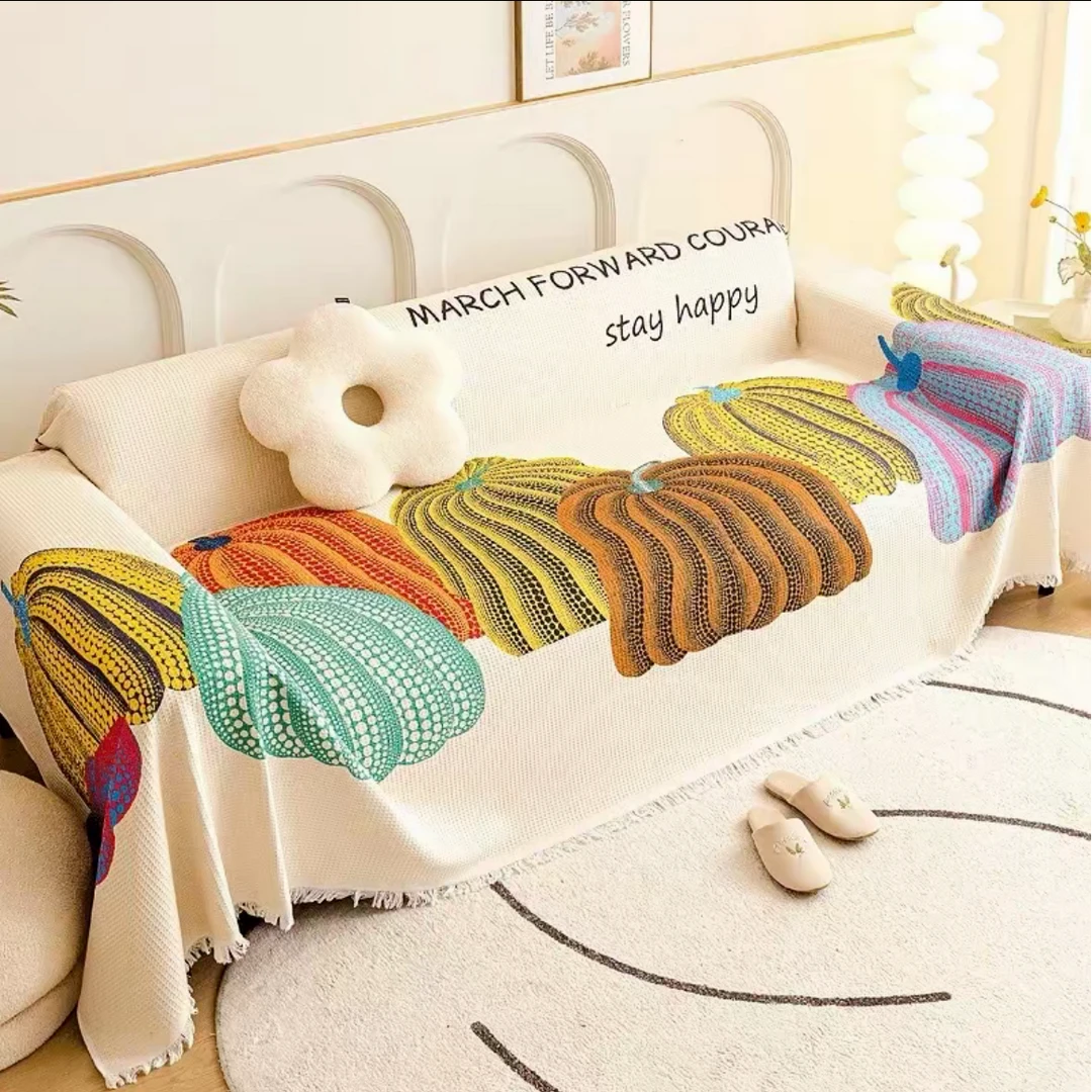 新款南瓜沙发垫编织提花汉麻直排沙发巾双面流苏防滑沙发垫