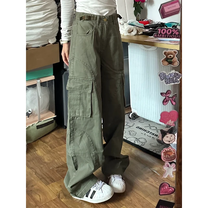 大码美式复古工装牛仔裤多口袋设计感宽松显瘦小众高腰直筒休闲裤