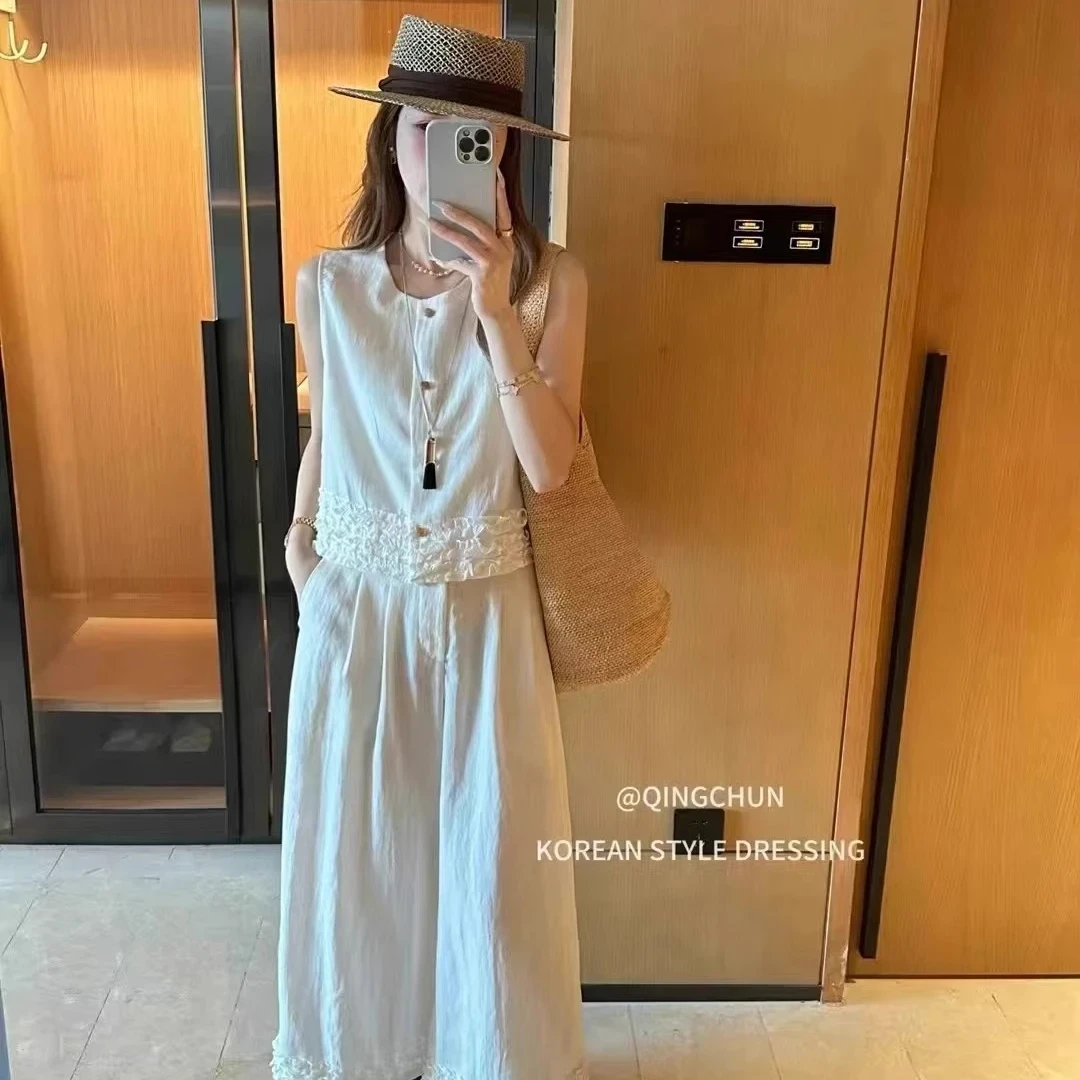 2025夏季新款韩系休闲简约气质拼接马甲+阔腿裤俩件套