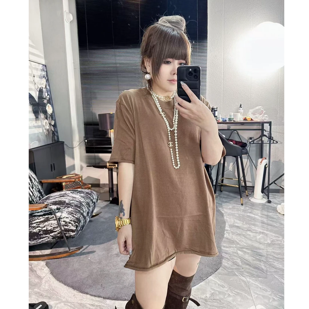 D9969短袖纯色圆领通勤风T恤半袖百搭时尚开叉显瘦套头针织上衣