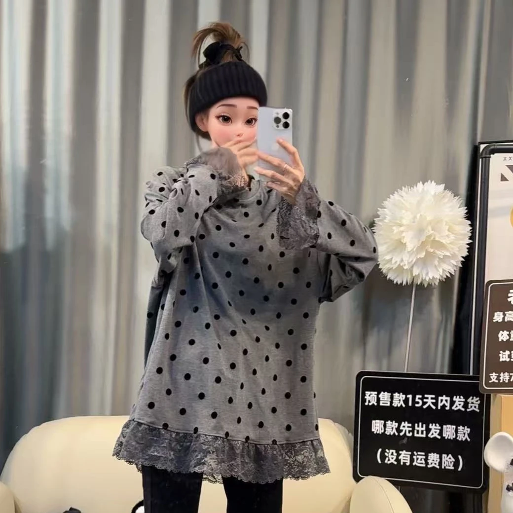 【文乐乐】秋冬新款洋气拼接花边时尚休闲潮流百搭波点长袖T恤2226