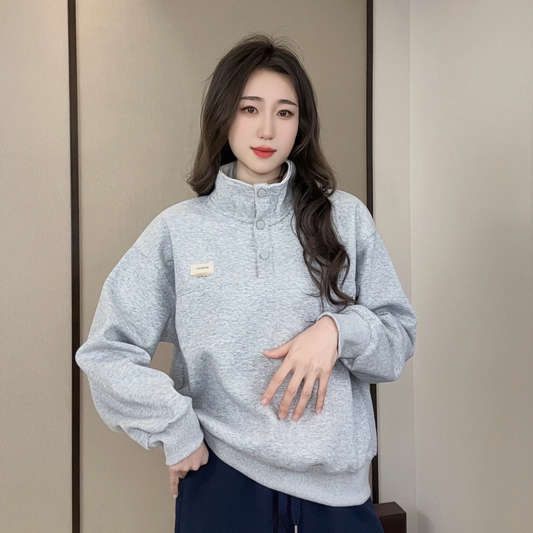 立领两穿卫衣长袖时尚加厚宽松百搭休闲韩版纯色高领加绒