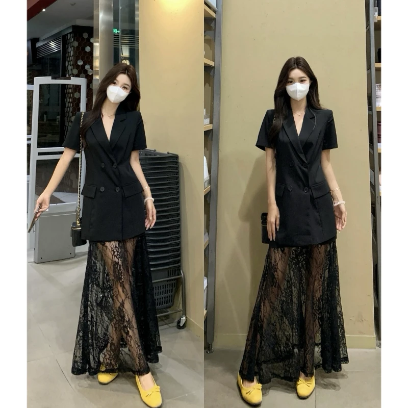 大码夏季新款短袖西装上衣轻薄透气蕾丝拼接半身裙韩系气质穿搭