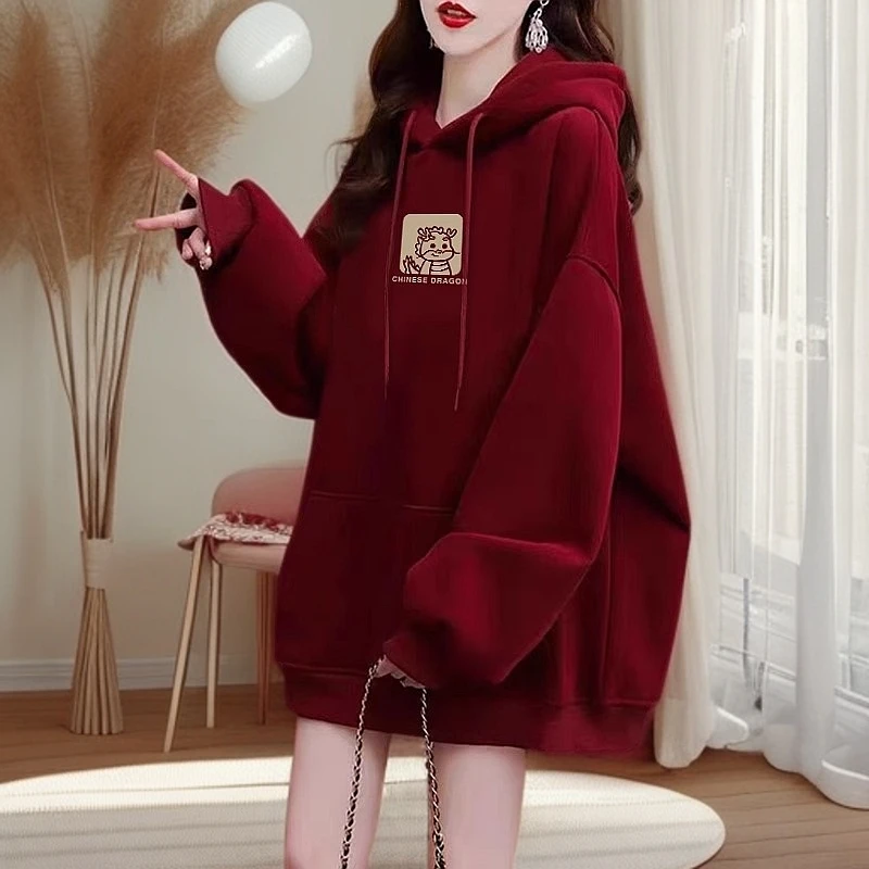 安哥拉红色本命年连帽卫衣加厚加绒女秋冬新款爆款宽松2025外套