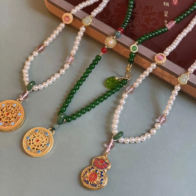 铜合金项链 新中式圆牌串珠项链女汉服马面裙旗袍毛衣链民族风潮