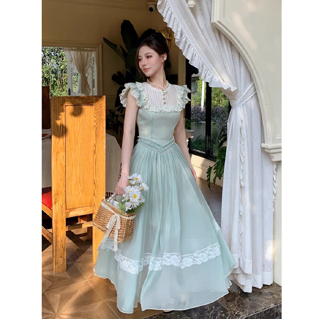 11950【糖糖】大码女装海岸浪花法式少女感浪漫仙女短袖高腰长裙