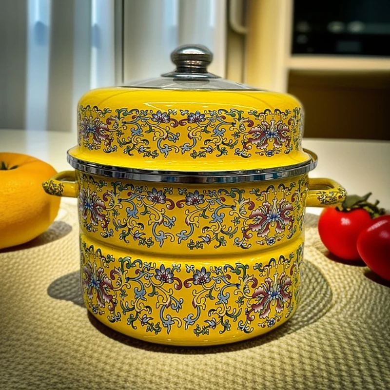 加厚珐琅瓷双层蒸汽锅可视锅盖电磁炉燃气灶通用28cm