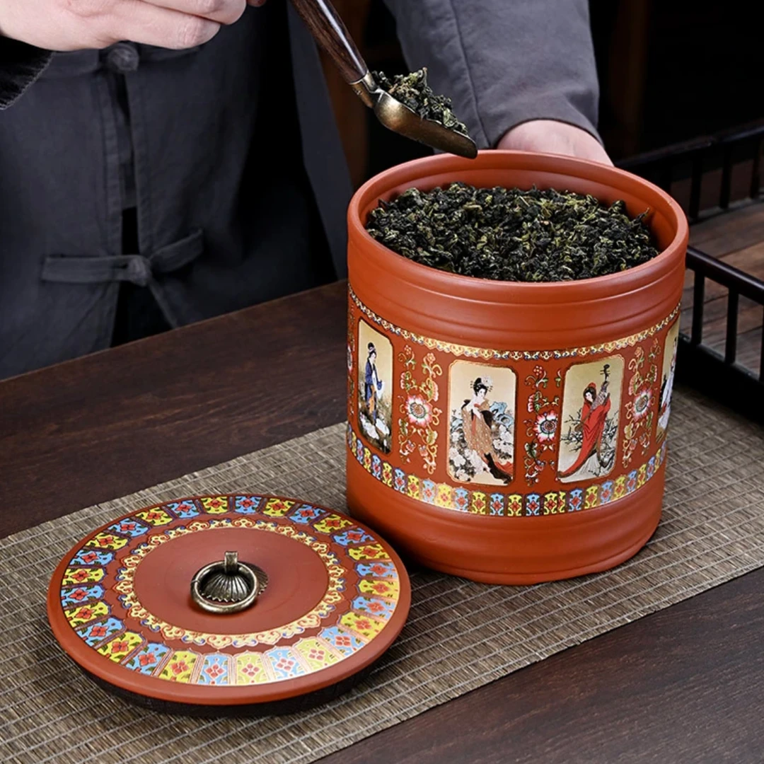大直罐红回纹描金茶叶罐密封罐储物罐-4411（直播专享）