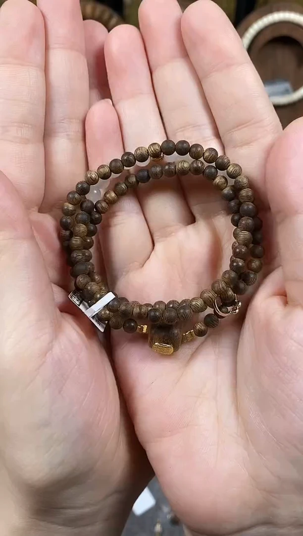 沉香手串越南芽庄白棋楠0.4金箍跑环双圈