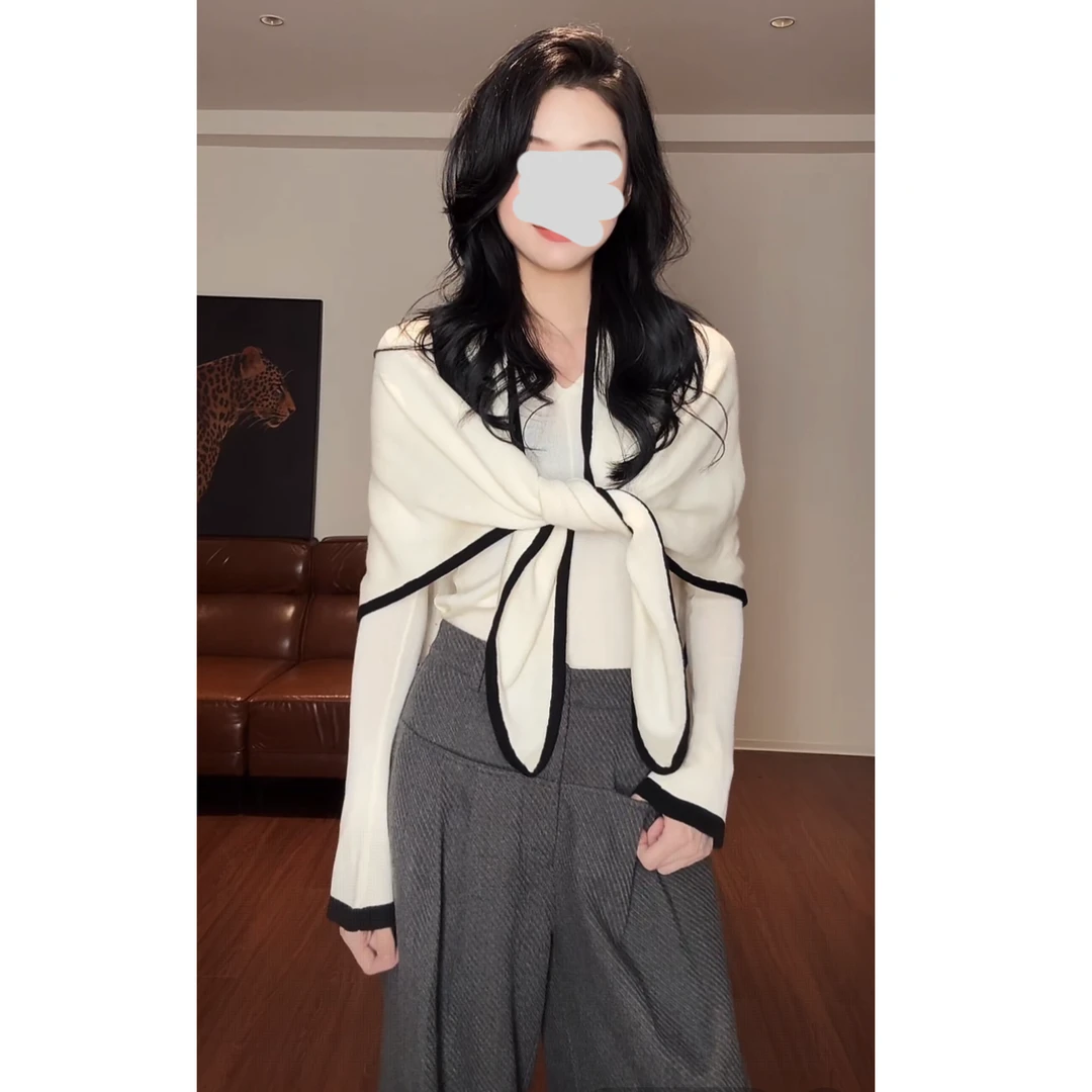 【现货】真两件三角披肩针织衫秋季阔腿裤显瘦西裤套装S11130