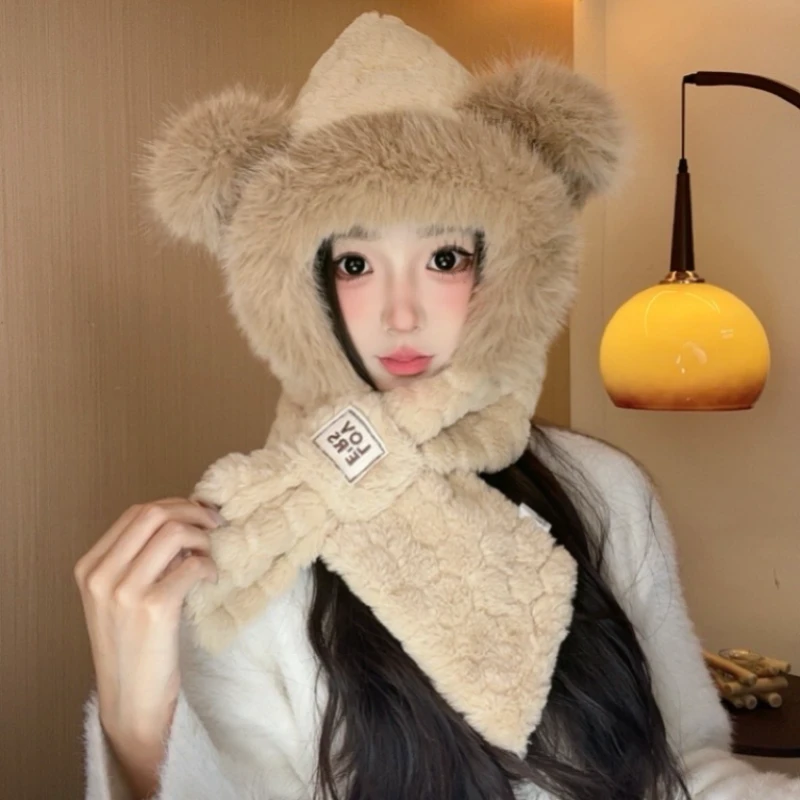 足球纹小熊耳朵帽子围巾一体两件套加绒加厚骑车通勤百搭秋冬保暖