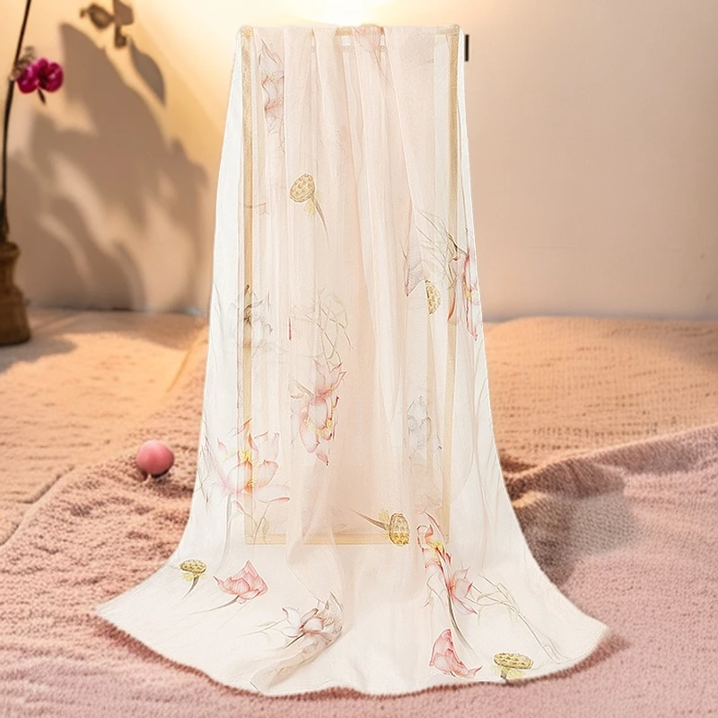 品牌100%桑蚕丝180*65cm夏日戏莲真丝轻薄丝巾女高档纱巾旗袍披肩