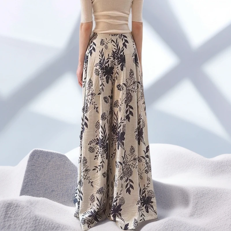 亚麻高级感高腰阔腿裤女夏季薄款2025新款气质碎花复古垂感休闲裤