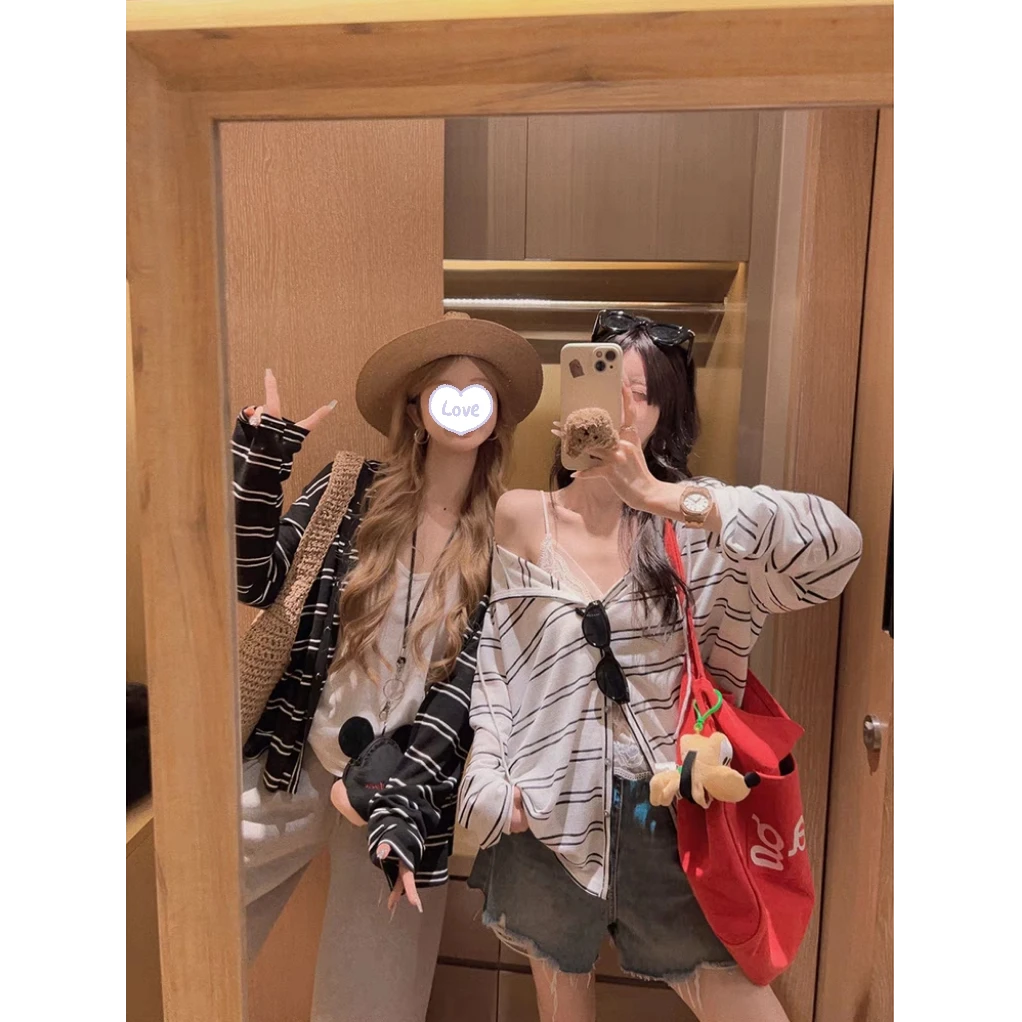 莱赛尔时尚条纹连帽开衫防晒薄款女夏季2025新款宽松休闲显瘦上衣