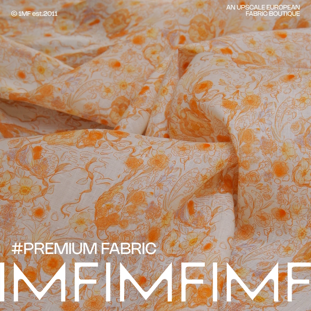 迷夜橙花 法国亚麻底部白色底橙色印花连衣裙面料 宽140CM 180G