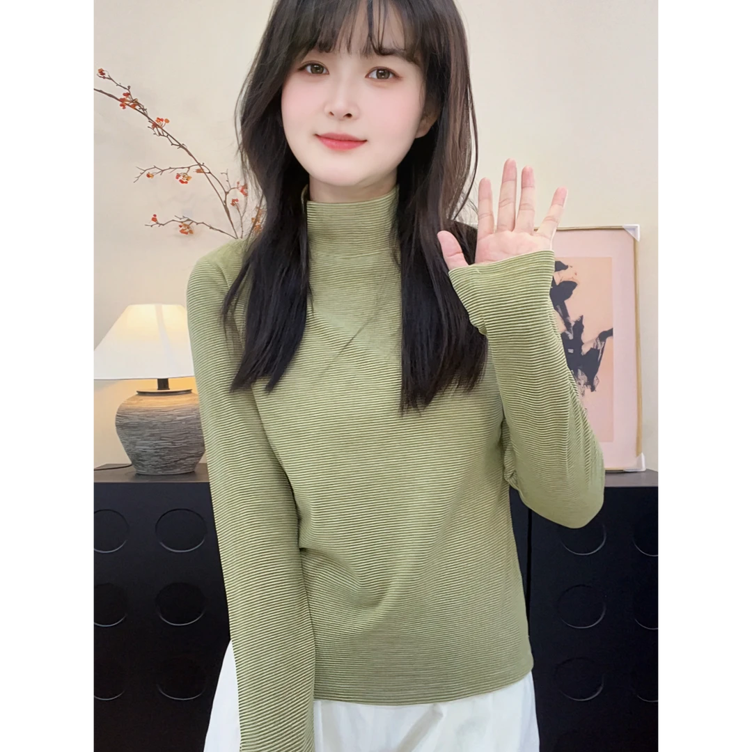 【加绒】秋季半高领细条纹简约长袖打底衫女修身显瘦柔软舒适上衣