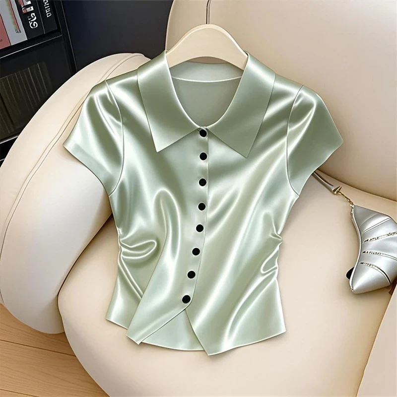 绿色多巴胺衬衫女装夏季新款百搭短袖T恤今年流行时尚超好看上衣