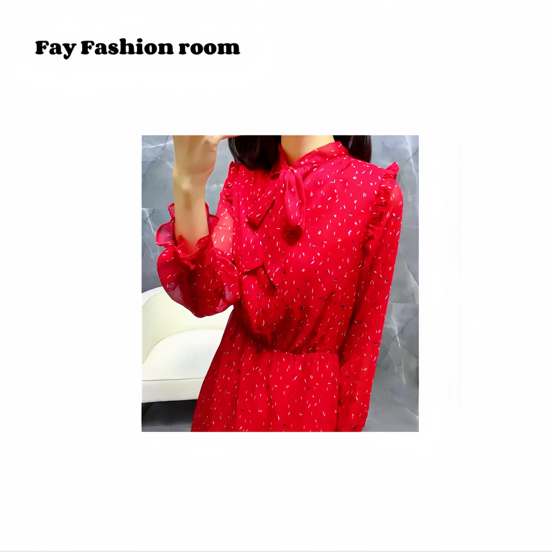 "轻奢优雅"优雅飘带印花收腰长袖连衣裙