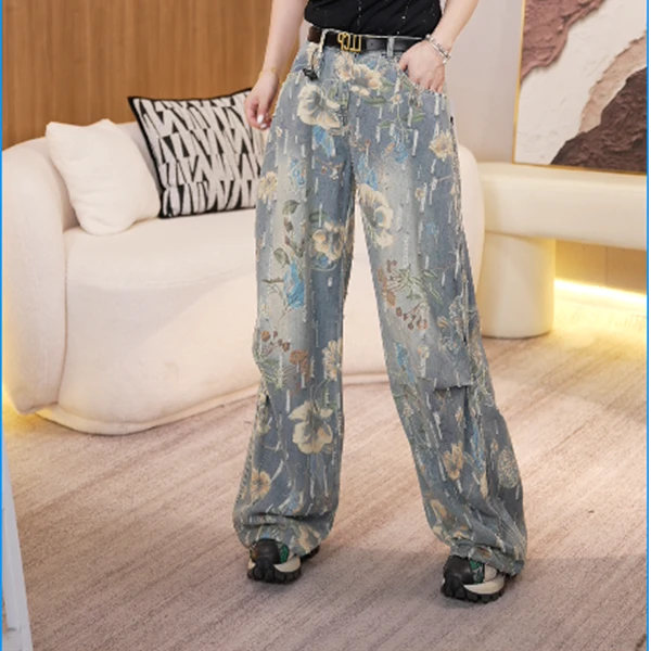2025新款碎花阔腿牛仔裤6001