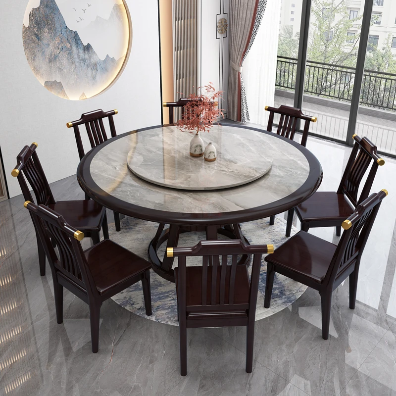 新中式岩板圆桌酒店大圆桌圆形实木餐桌带转盘吃饭桌子餐桌家用