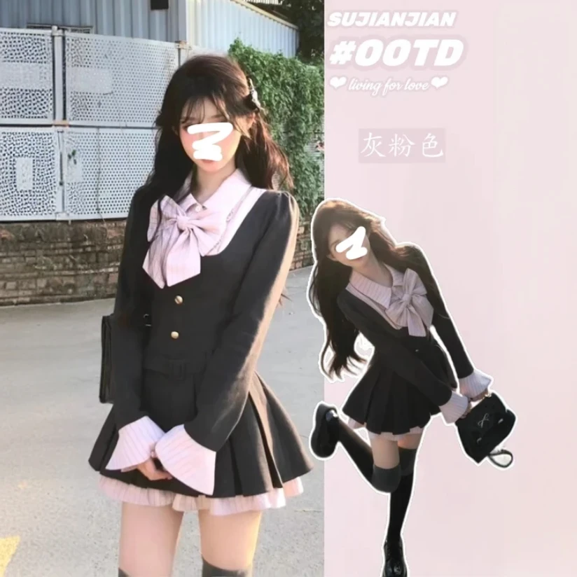 【春上新】学院风jk拼接连衣裙设计感长袖春款辣妹显瘦甜美短裙