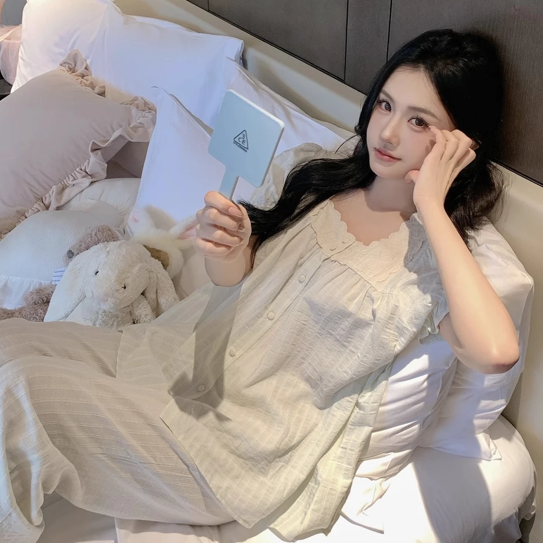 韩版清新花边纯棉睡衣春秋新款条纹少女宽松女款家居服可外穿套装