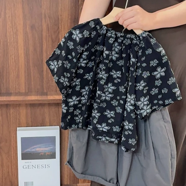 《夏上新》夏季复古花满印短袖上衣男女孩洋气新款半袖T恤25XL1408