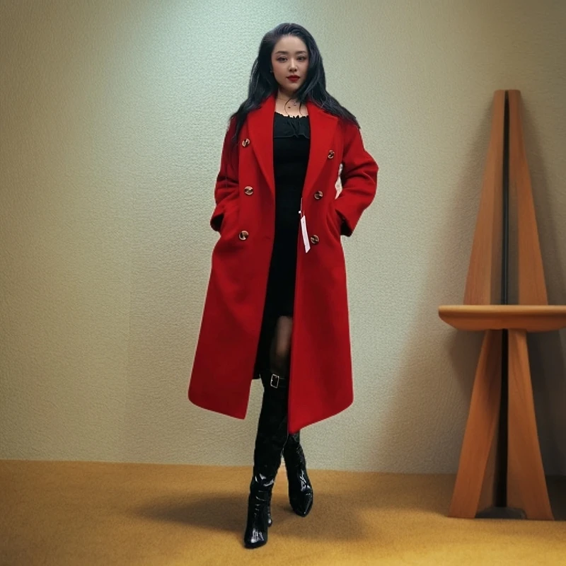 女士秋冬时尚气质过膝收腰长款里布毛呢大衣8811