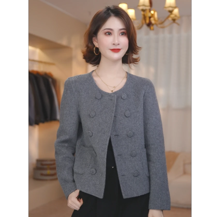 【熹垚】2025春新款圆领复古十粒扣气质外套长袖双面大衣短款1041