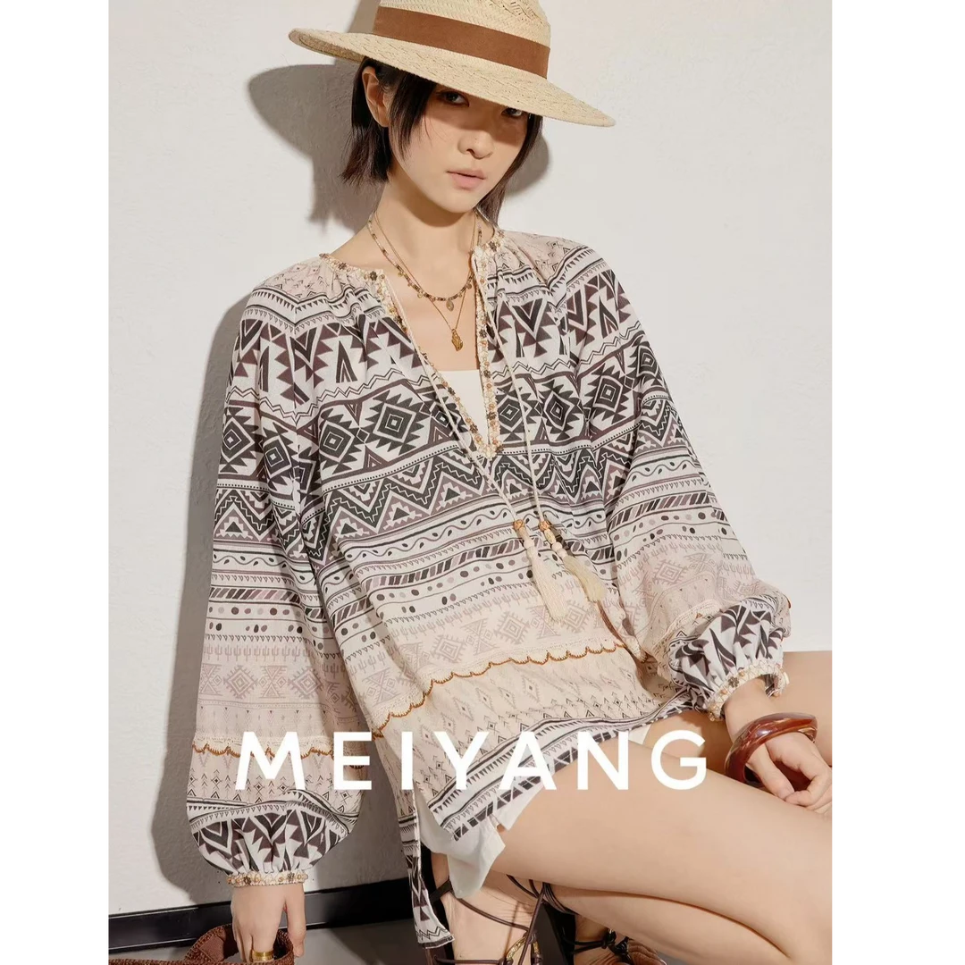 美洋MEIYANG 万花筒上衣 民族风图腾印花_V领流苏宽松长袖-周五