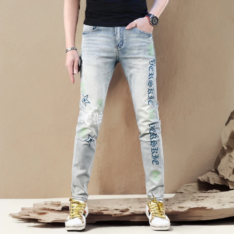 诺顿雷斯时尚印花浅色夏季薄款潮牌牛仔裤男修身小脚显瘦男装裤子