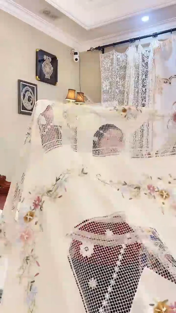 棉Z393米色棉质240*270cm纯手工网扣拼接丝带绣床盖窗帘门帘