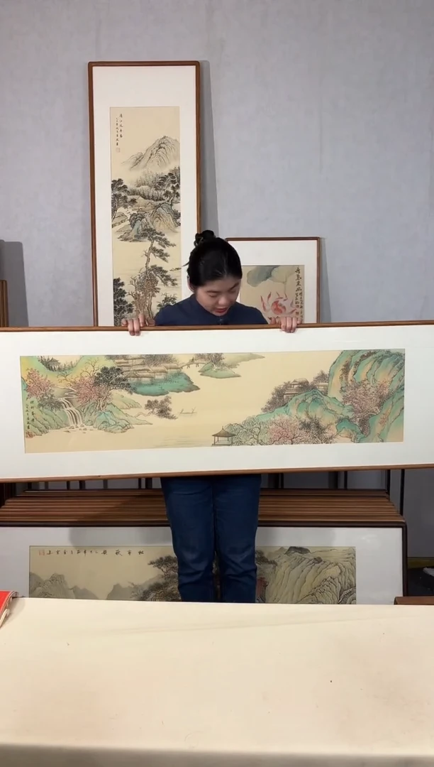 国画手绘*烟柳春舟*52*172cm带框发货